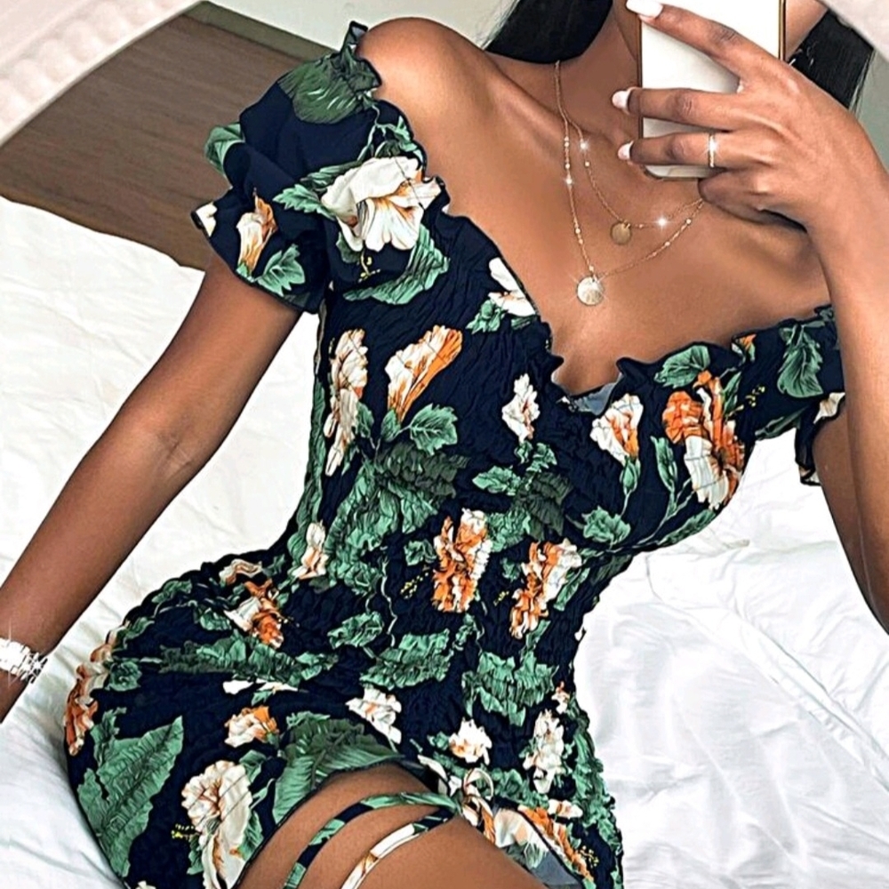 SHEIN Navy Floral Strapless Ruched Mini Dress